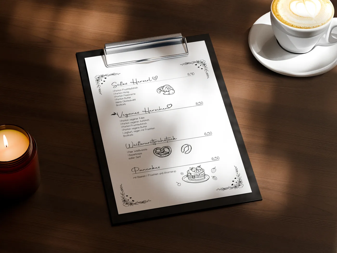 Frühstückskarte des Café Herzlich auf einem Klemmbrett, daneben Cappuccino und Kerze