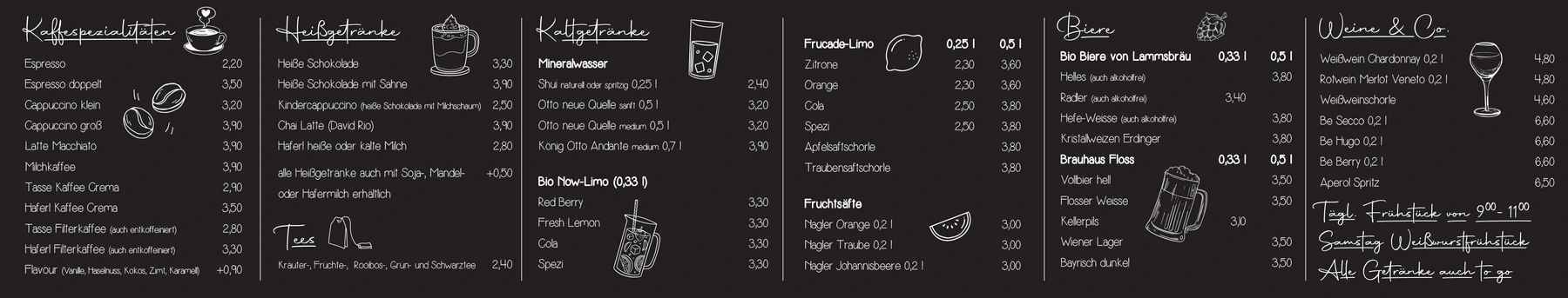 Speise- und Getränkekarte des Café Herzlich als Tafelfolie über der Theke: Kaffeespezialitäten, Heißgetränke, Kaltgetränke, Biere, Weine