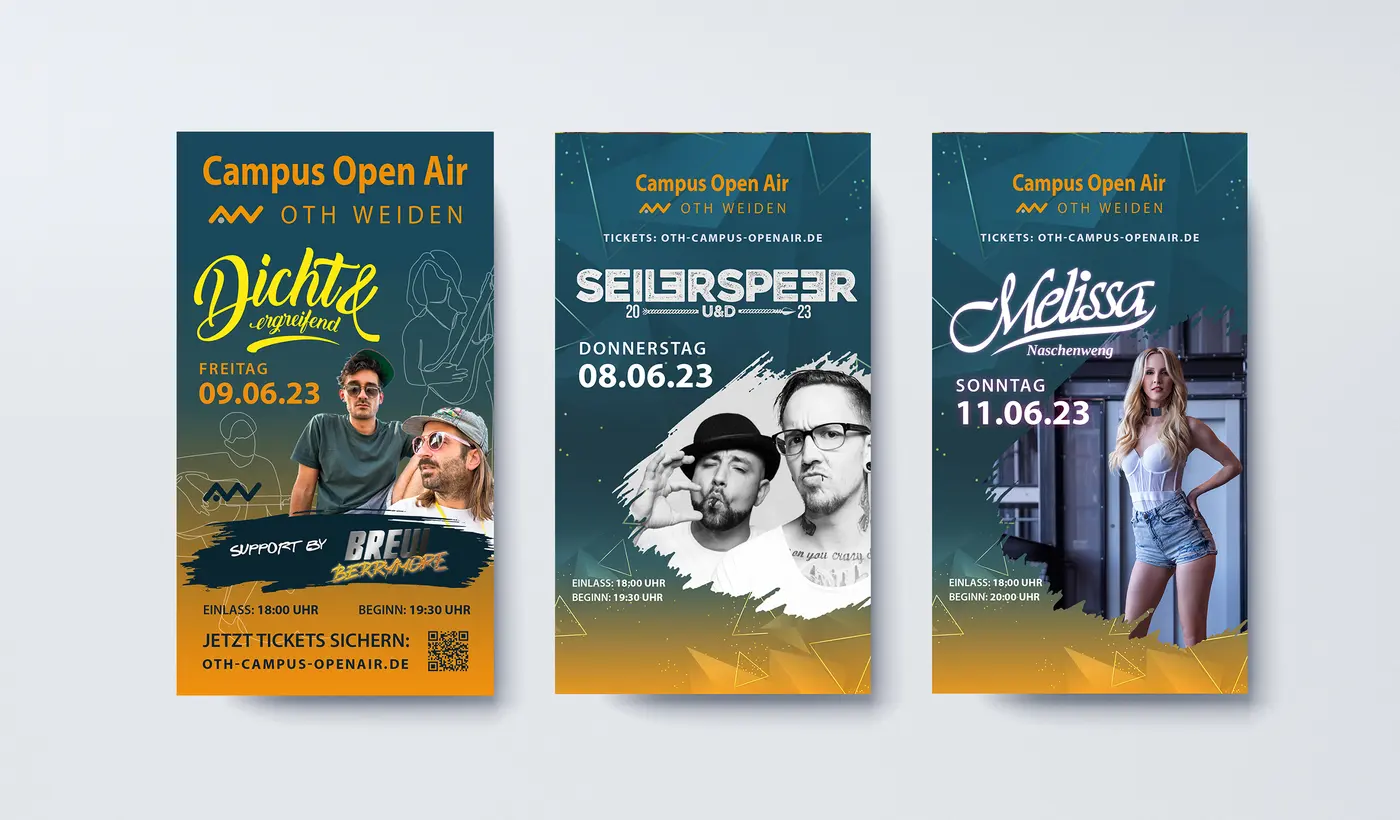 Drei Plakate für das Campus Open Air an der OTH Weiden, je eines pro Festivaltag