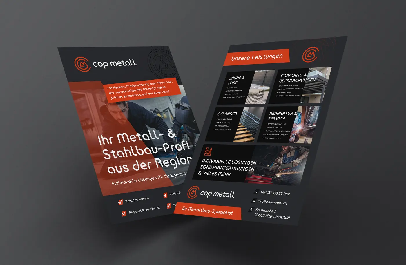 Flyer von Cop Metall „Ihr Metall- & Stahlbau-Profi aus der Region“, Vorder- und Rückseite mit Leistungen und Kontakt
