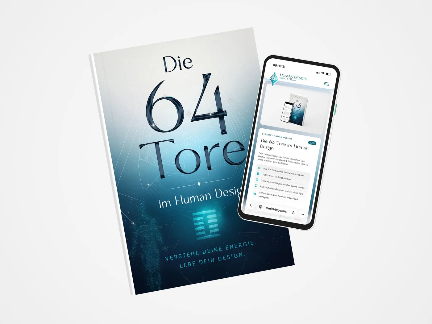 eBook „Die 64 Tore im Human Design“ von Daniel Bayer als Buch, daneben die Shopseite auf dem Smartphone