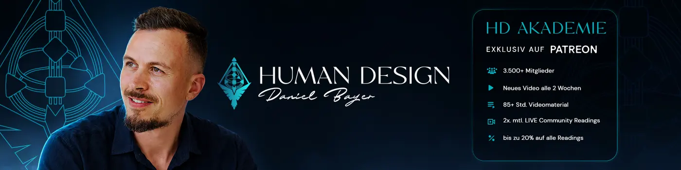 Banner für Patreon mit Daniel Bayer, dem Human-Design-Logo und den Vorteilen der HD Akademie