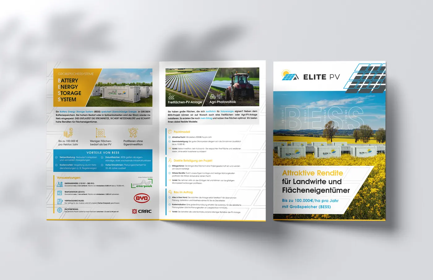 Aufgeklapptes Faltblatt von Elite PV zu Großspeichern (BESS) für Landwirte und Flächeneigentümer