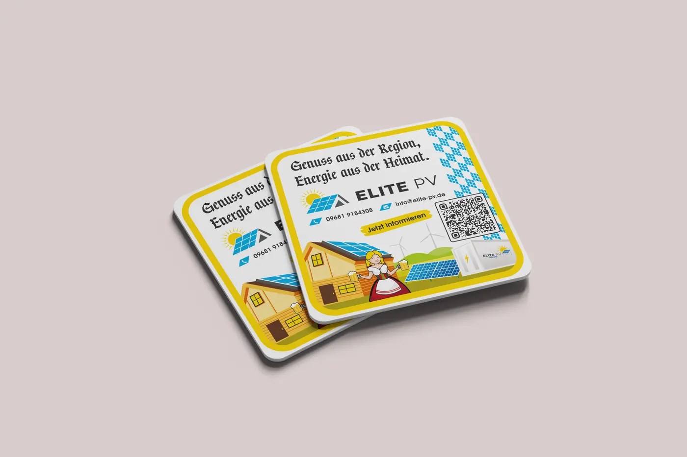 Zwei Bierdeckel von Elite PV mit dem Spruch „Genuss aus der Region, Energie aus der Heimat“