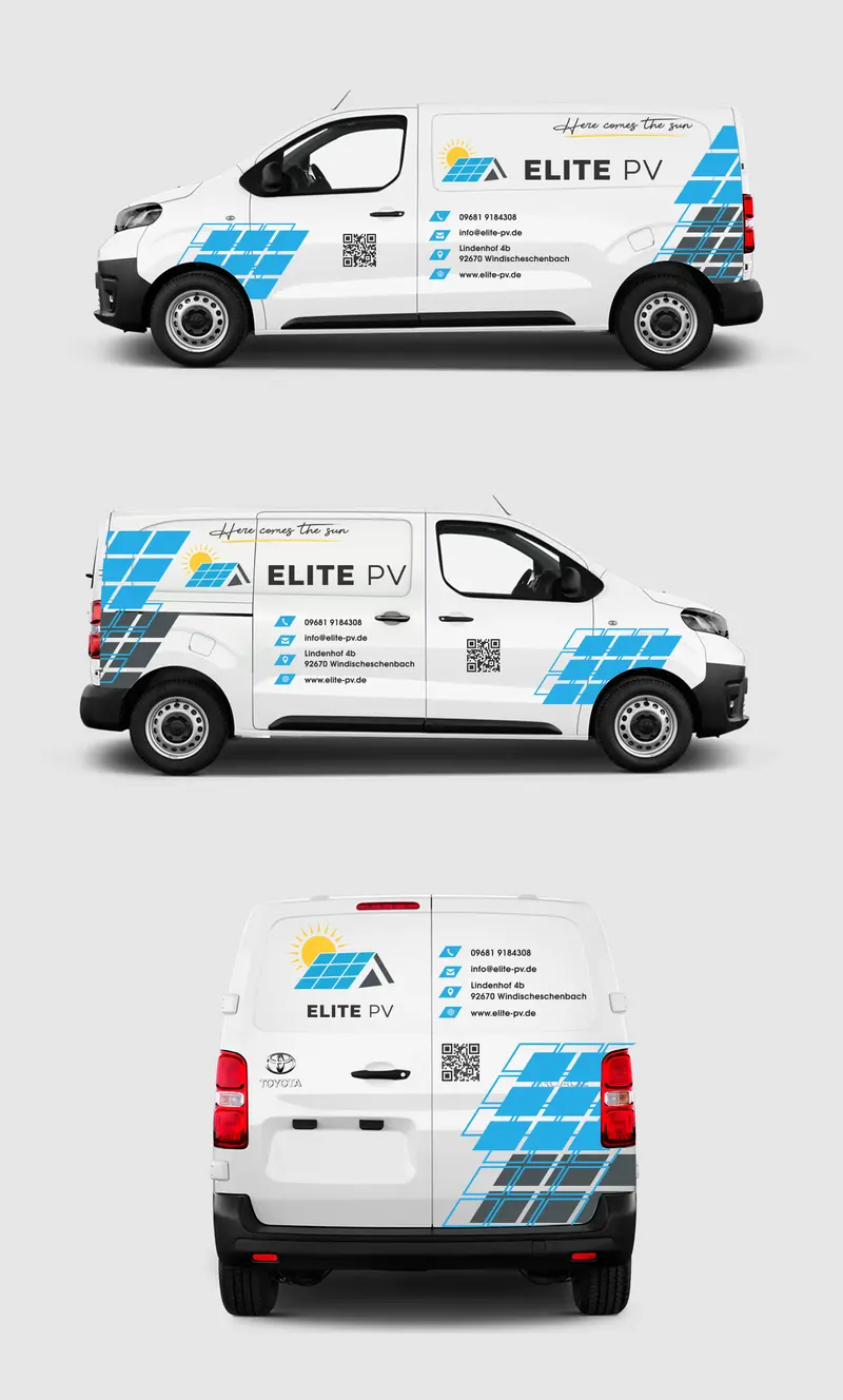 Weißer Transporter mit Elite-PV-Design in drei Ansichten: Seite, Seite, Heck