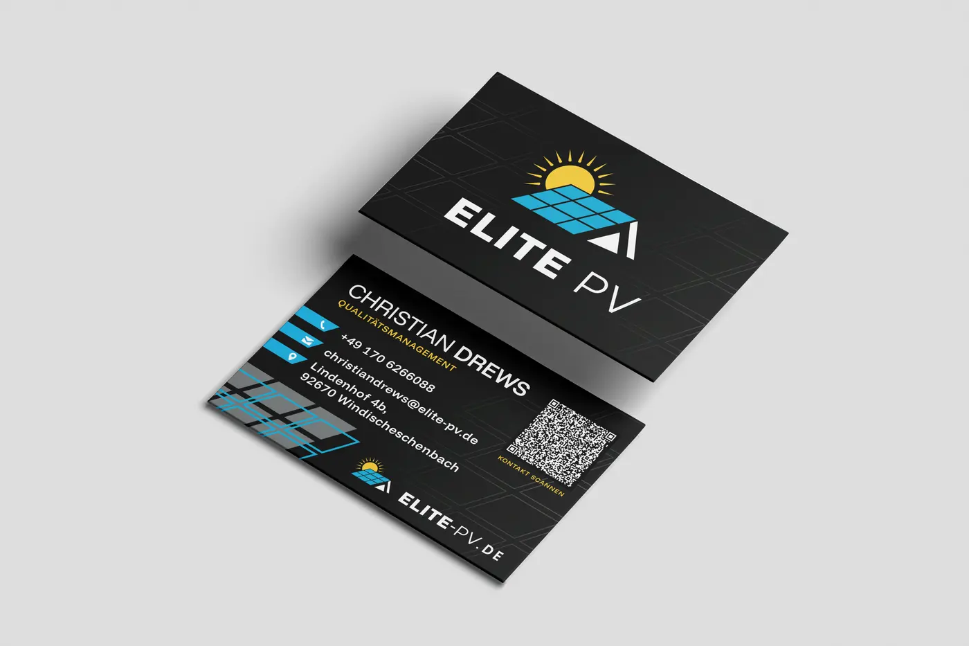 Visitenkarten von Elite PV in Schwarz mit Logo, Modulmuster und QR-Code, Vorder- und Rückseite