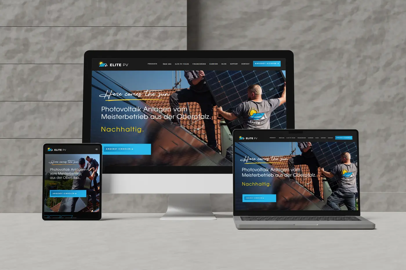 Erste Webseite von Elite PV auf Monitor, Tablet und Laptop, dunkles Premium-Design