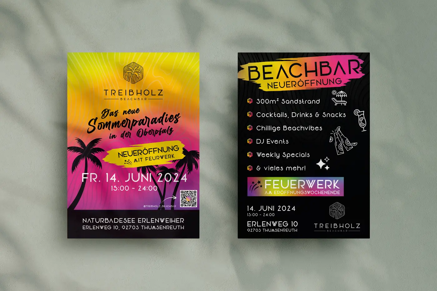Flyer der Treibholz Beachbar zur Neueröffnung am 14. Juni 2024 mit Farbverlauf und Feuerwerk